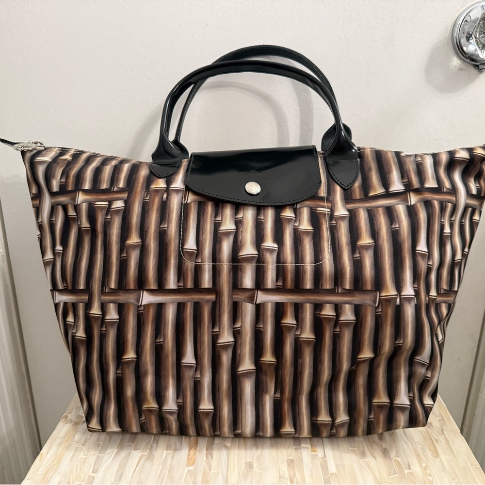 Longchamp Le Pliage Nylon Printed Bamboo Tote (Patent Leather handles and strap)